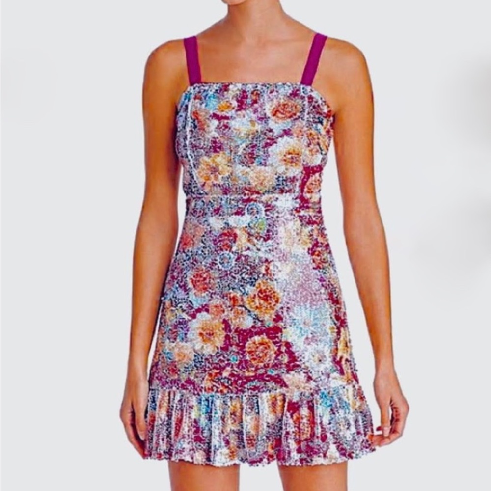 Aqua Pink Floral Sequence Ruffle Hem Mini. Size L